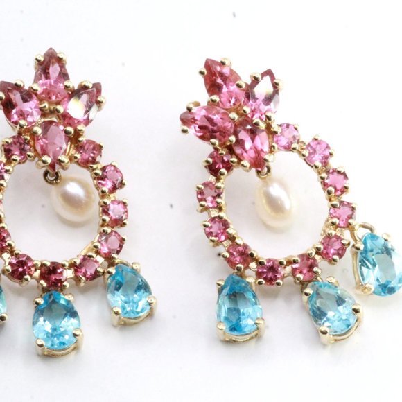 14K Gold Synthetic Tourmaline Topaz Pearl Chandelier Earrings - Picture 3 of 10